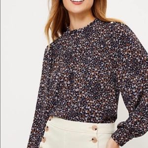 Loft Petite Floral Ruffle Neck Bib Blouse